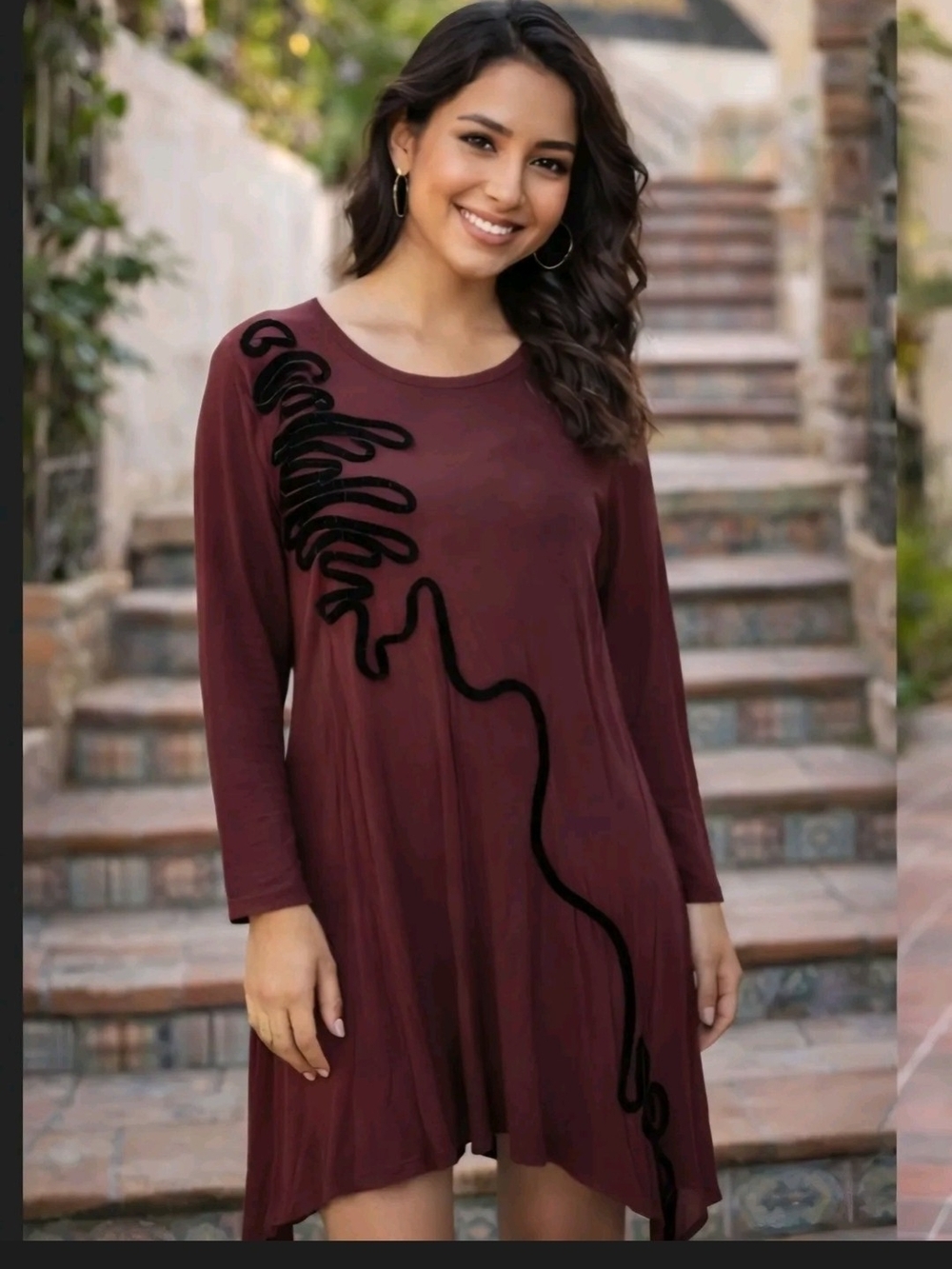 POL Maroon Long Sleeve Swing Dress with Black Abstract Trim